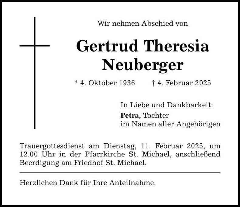 Traueranzeige Theresia Neuberger