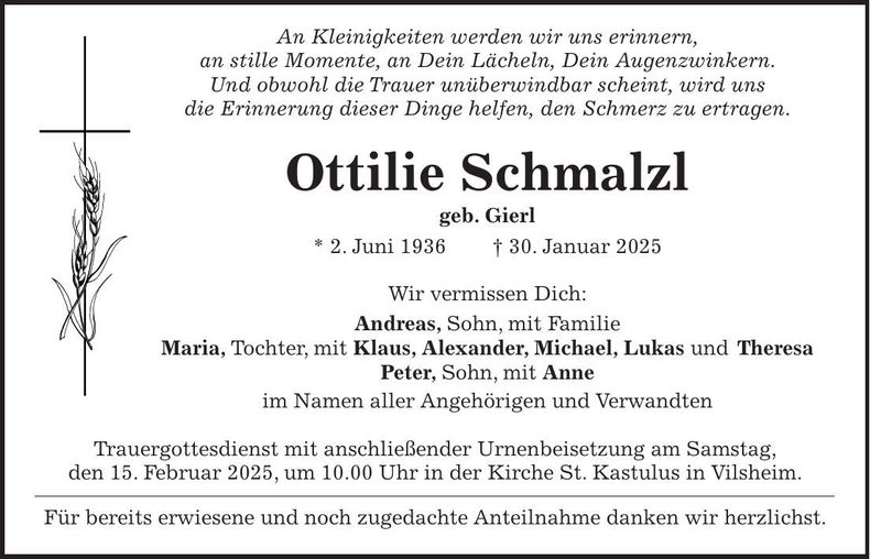 Traueranzeige Ottilie Schmalzl