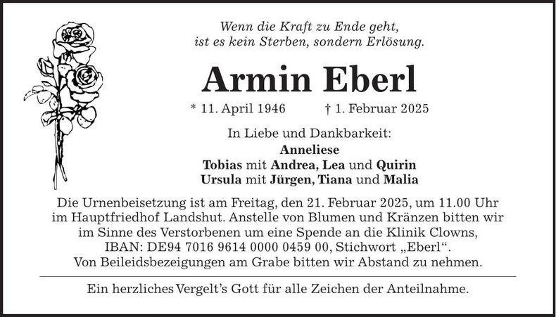 Traueranzeige Armin Eberl