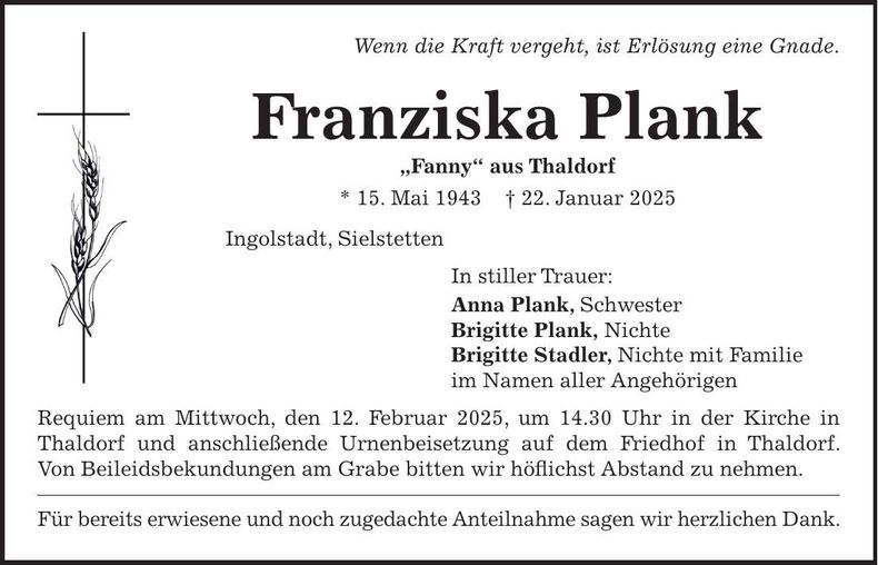 Traueranzeige Franziska Plank