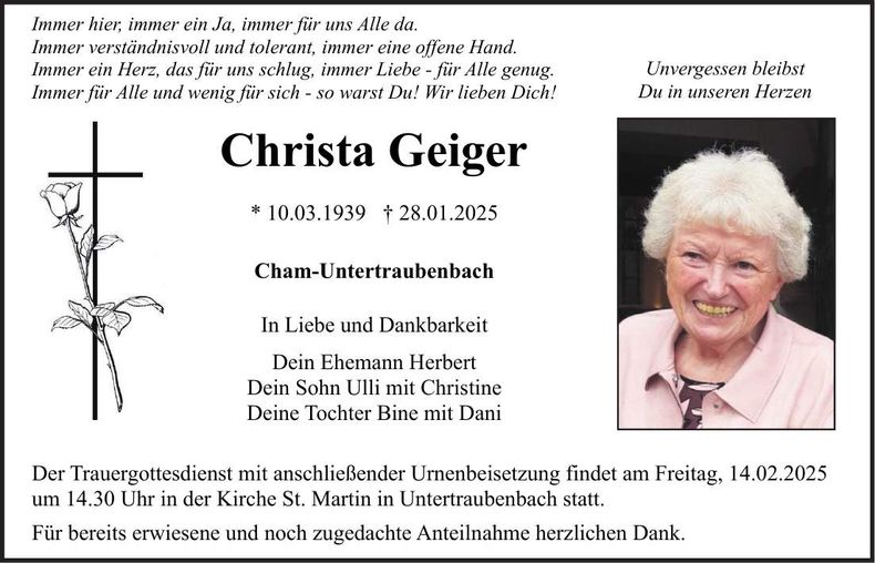Traueranzeige Christa Geiger