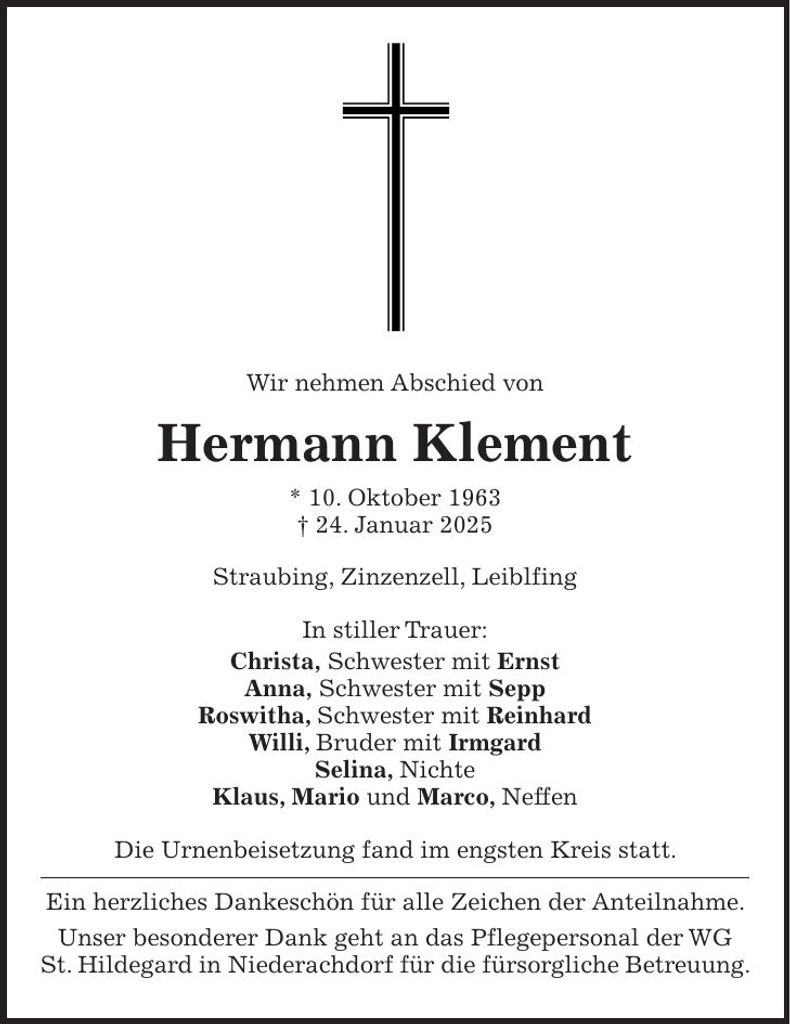 Traueranzeige Herrmann Klement