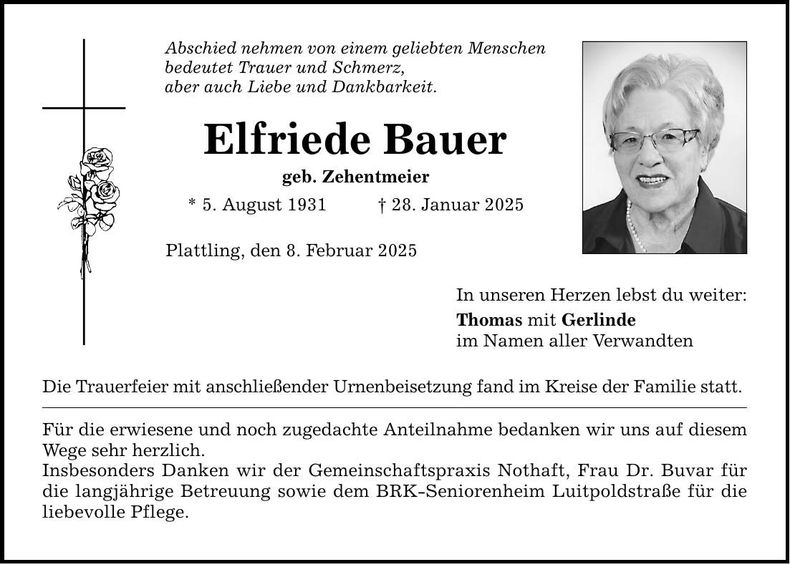 Traueranzeige Elfriede Bauer