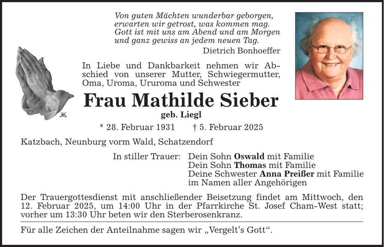 Traueranzeige Mathilde Sieber