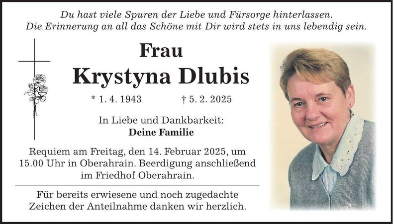 Traueranzeige Krystyna Dlubis