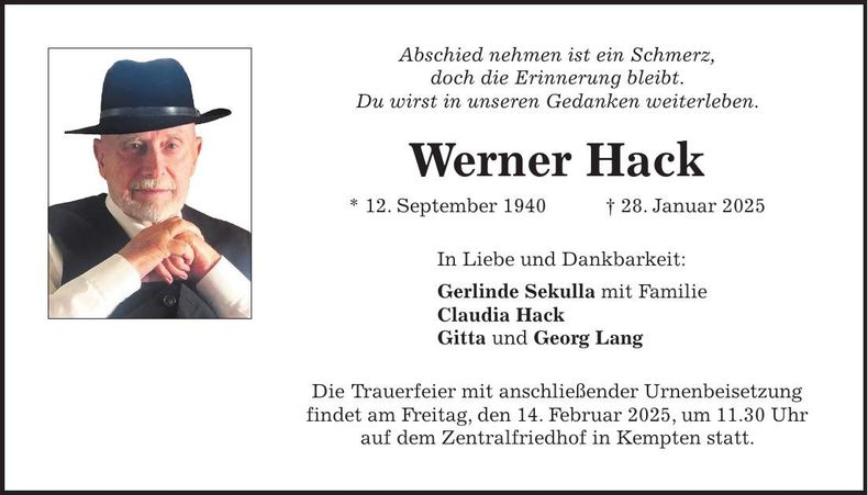 Traueranzeige Werner Hack