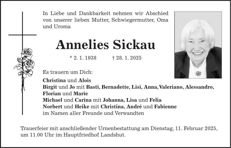 Traueranzeige Annelies Sickau