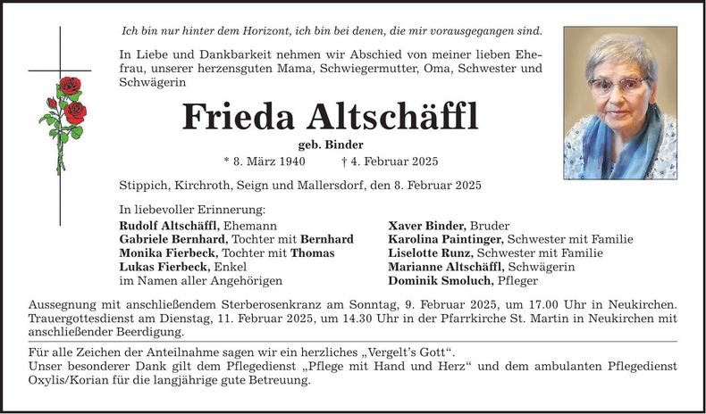 Traueranzeige Frieda Altschäffl