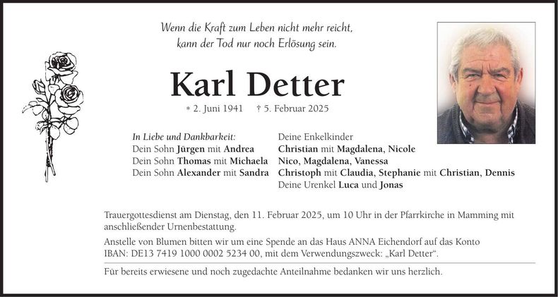 Traueranzeige Karl Detter