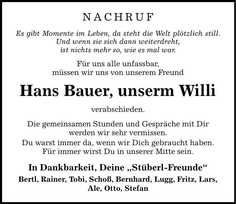 Traueranzeige Hans Bauer