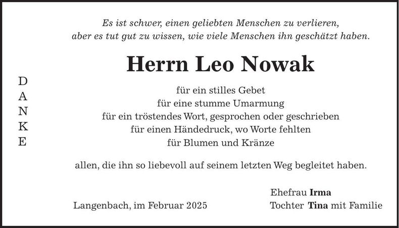 Traueranzeige Leo Nowak