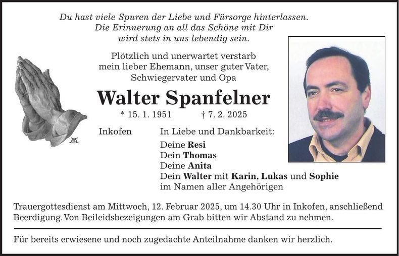 Traueranzeige Walter Spanfelner