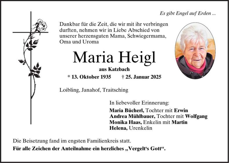 Traueranzeige Maria Heigl