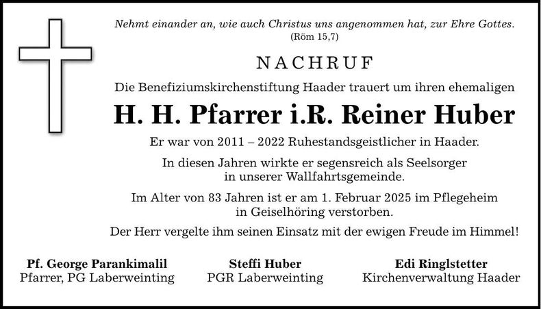 Traueranzeige Pfarrer Reiner Huber