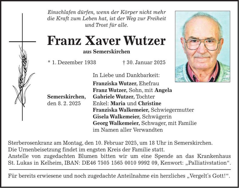 Traueranzeige Franz Xaver Wutzer