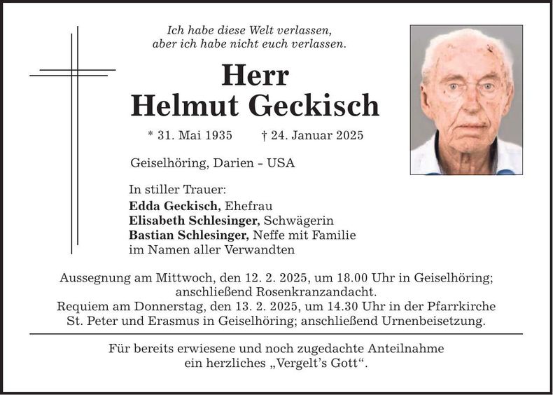Traueranzeige Helmut Geckisch