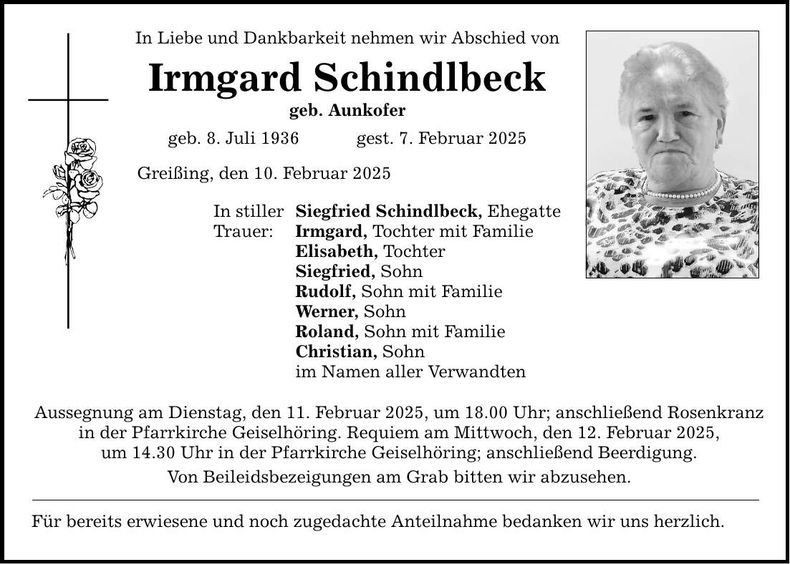 Traueranzeige Irmgard Schindlbeck