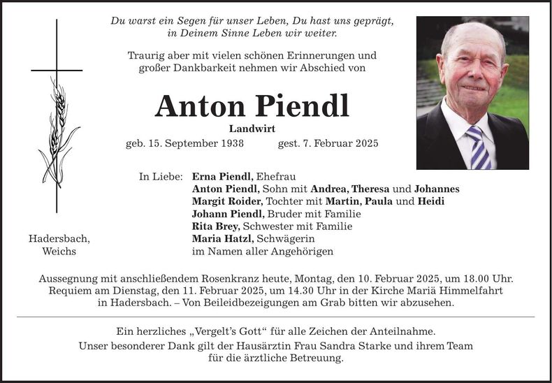 Traueranzeige Anton Peindl