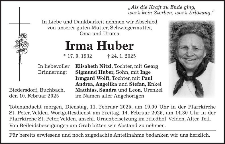 Traueranzeige Irma Huber
