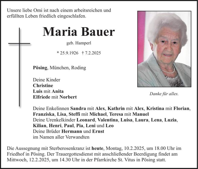 Traueranzeige Maria Bauer