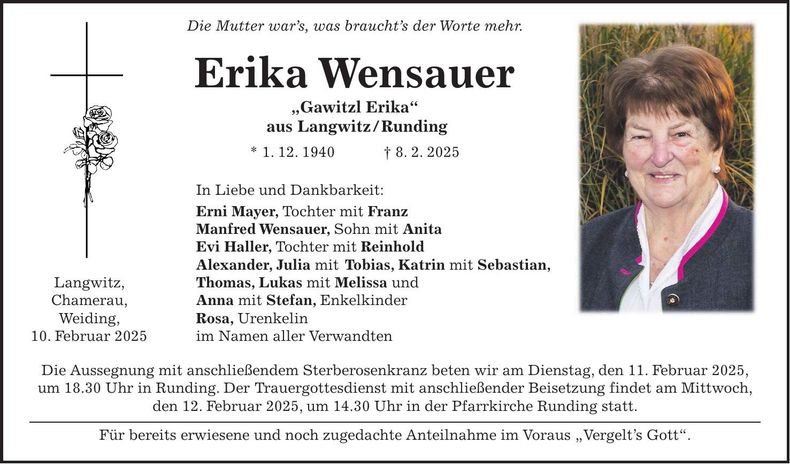 Traueranzeige Erika Wensauer