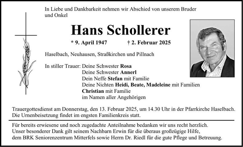 Traueranzeige Hans Schollerer