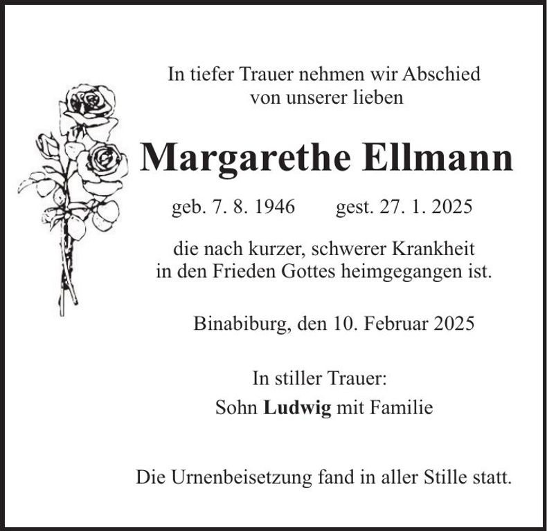 Traueranzeige Margarethe Ellmann