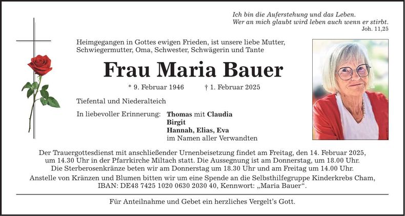 Traueranzeige Maria Bauer