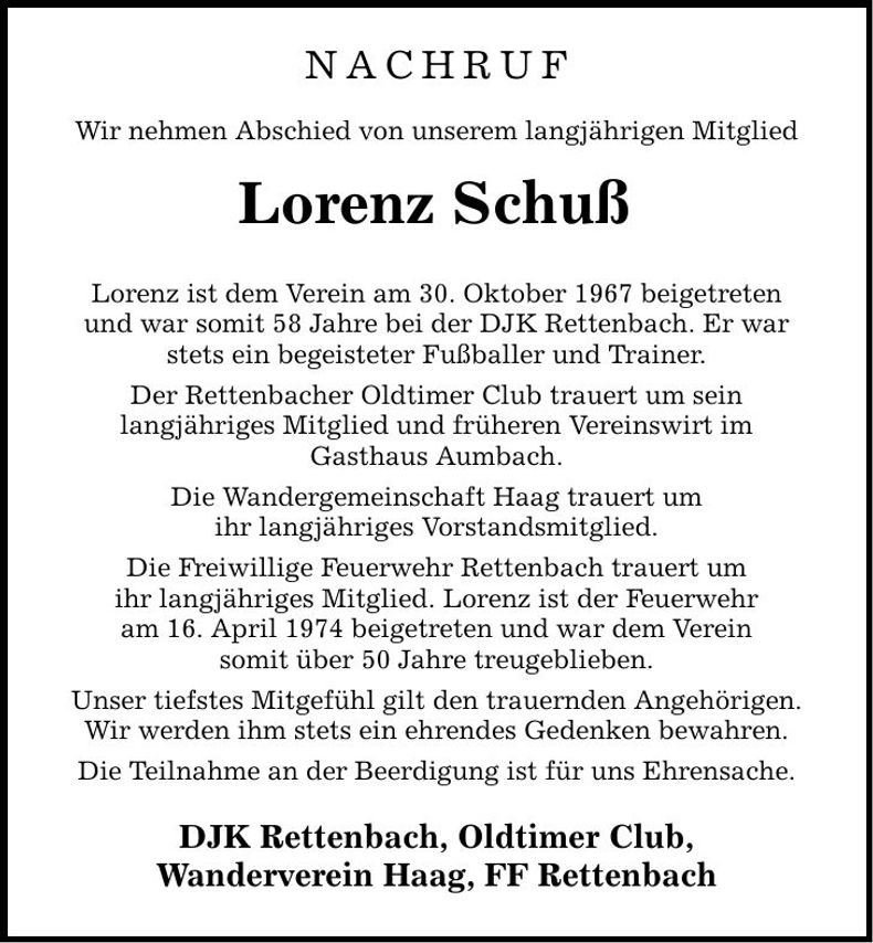 Traueranzeige Lorenz Schuß