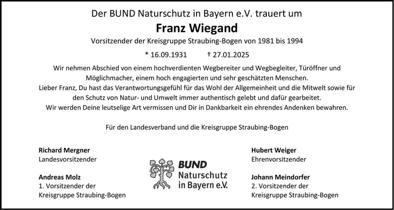 Traueranzeige Franz Wiegand