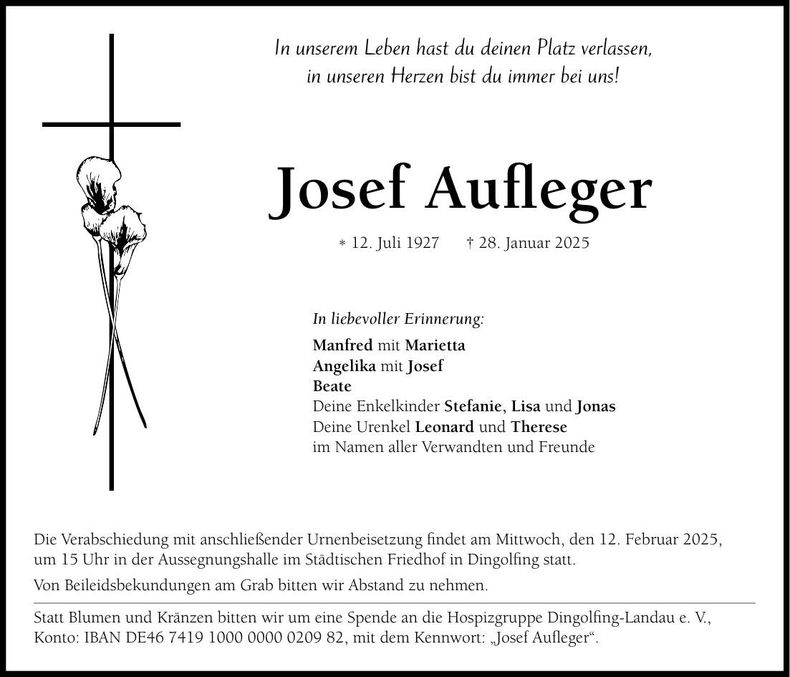 Traueranzeige Josef Aufleger