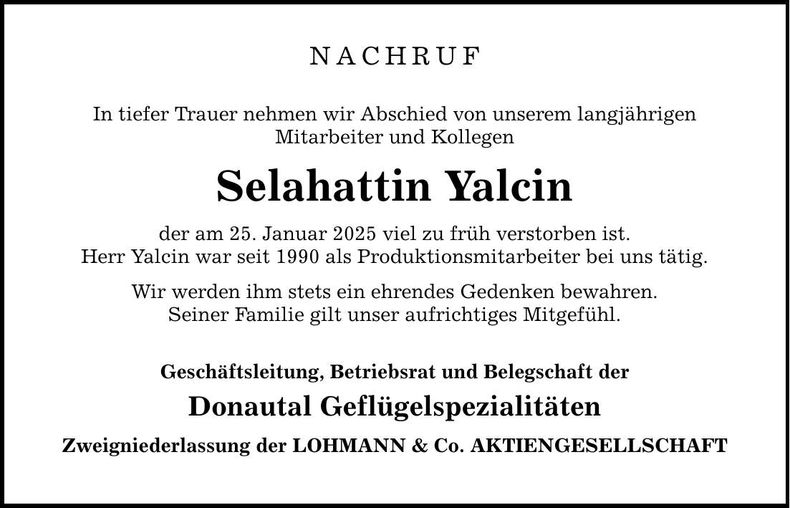 Traueranzeige Selathattin Yalcin