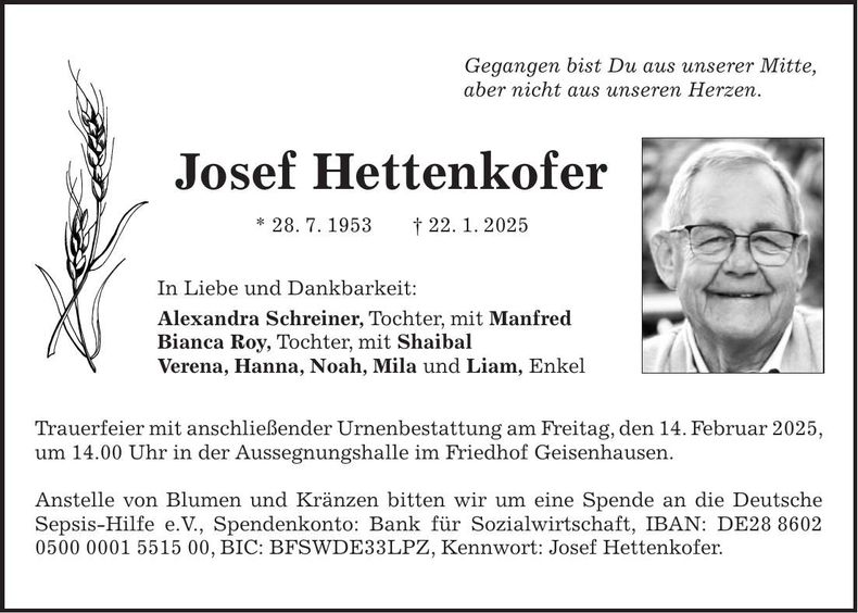 Traueranzeige Josef Hettenkofer