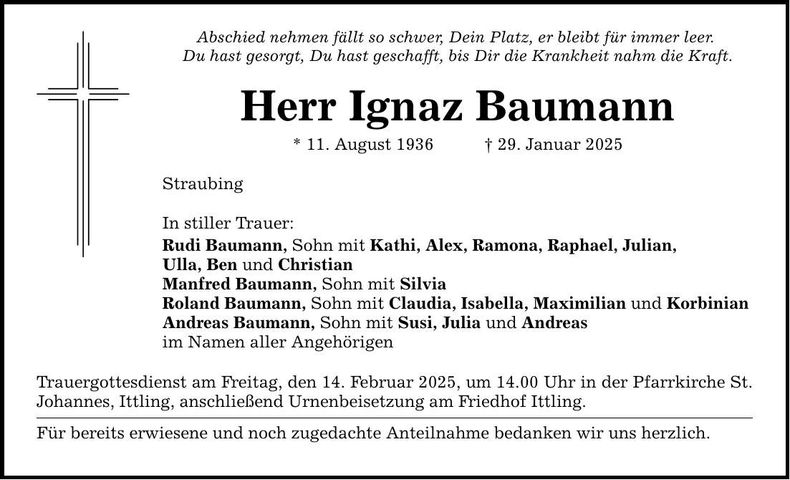 Traueranzeige Ignaz Baumann