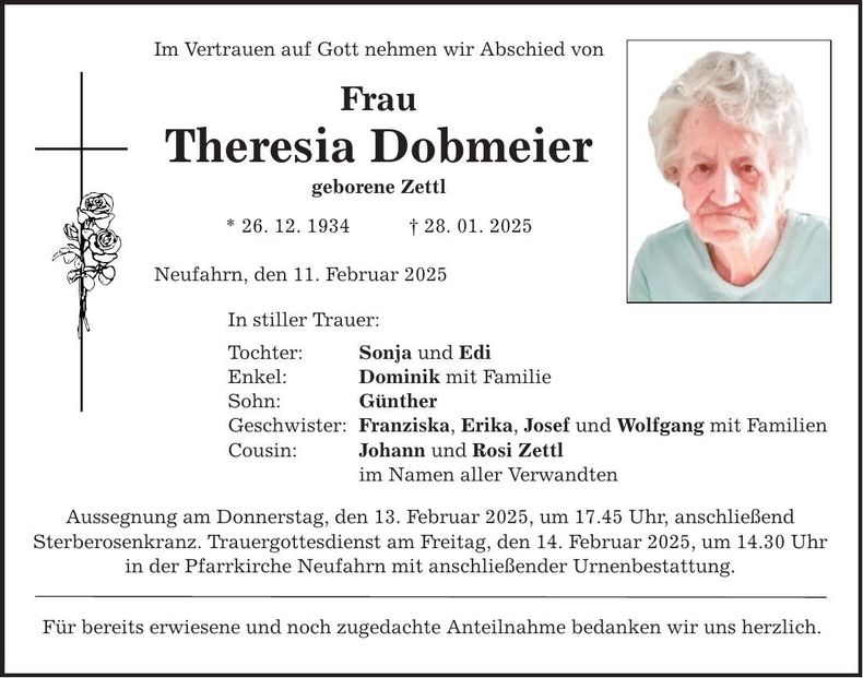 Traueranzeige Theresia Dobmeier