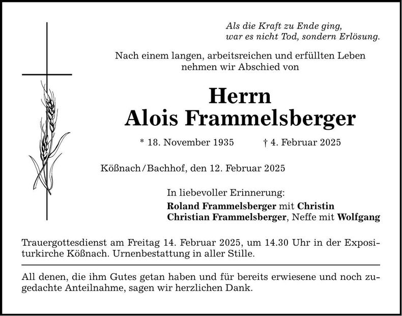 Traueranzeige Alois Frammelsberger