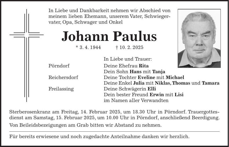 Traueranzeige Johann Paulus