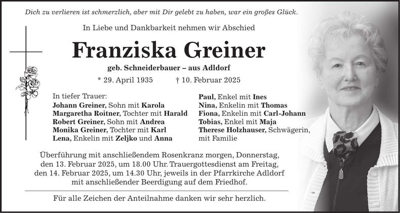 Traueranzeige Franziska Greiner