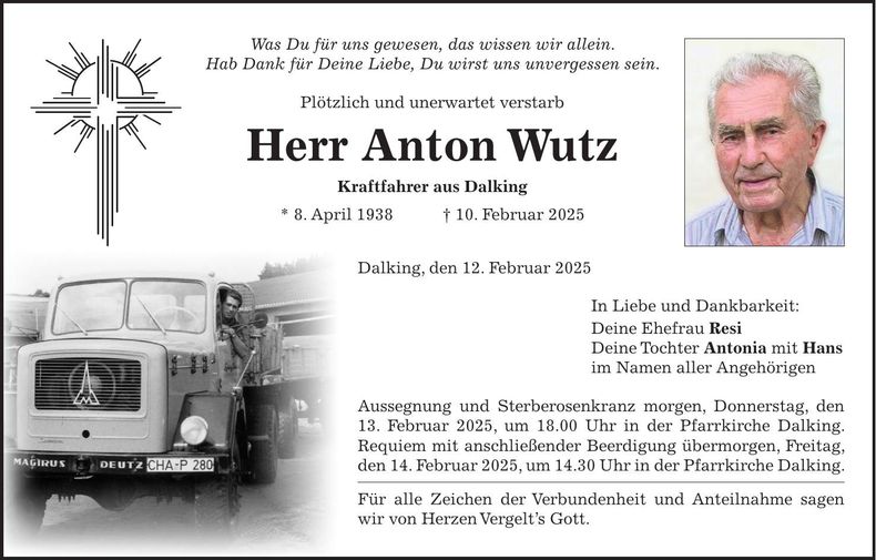 Traueranzeige Anton Wutz