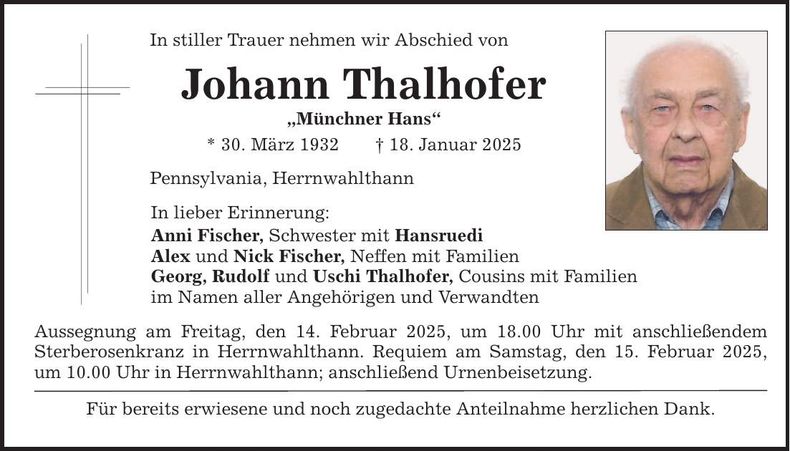 Traueranzeige Johann Thalhofer