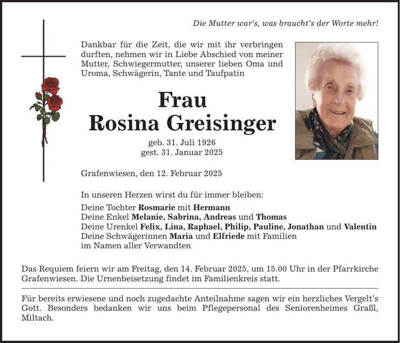 Traueranzeige Rosina Greisinger