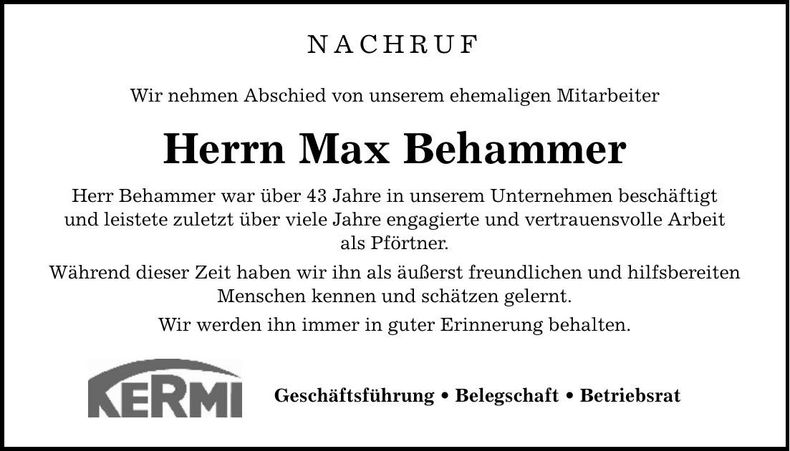 Traueranzeige Max Behammer