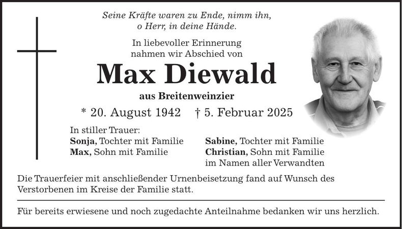 Traueranzeige Max Diewald