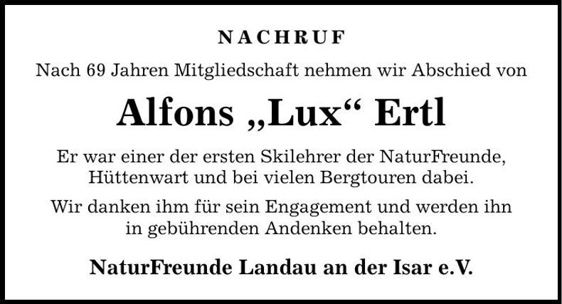 Traueranzeige Alfons Ertl