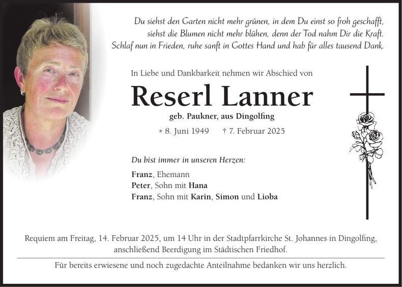 Traueranzeige Reserl Lanner