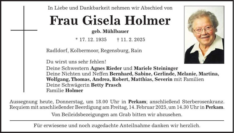 Traueranzeige Gisela Holmer