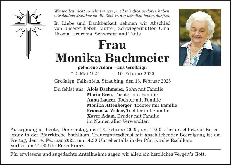 Traueranzeige Monika Bachmeier