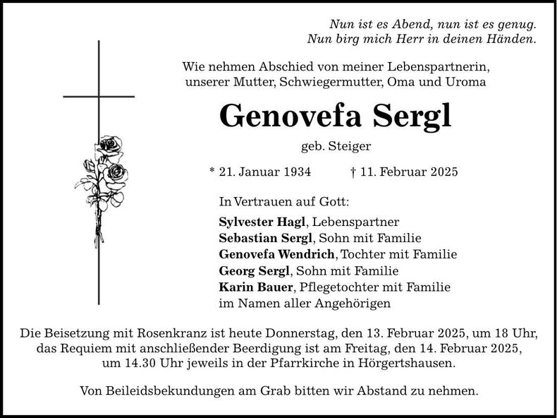 Traueranzeige Genovefa Sergl