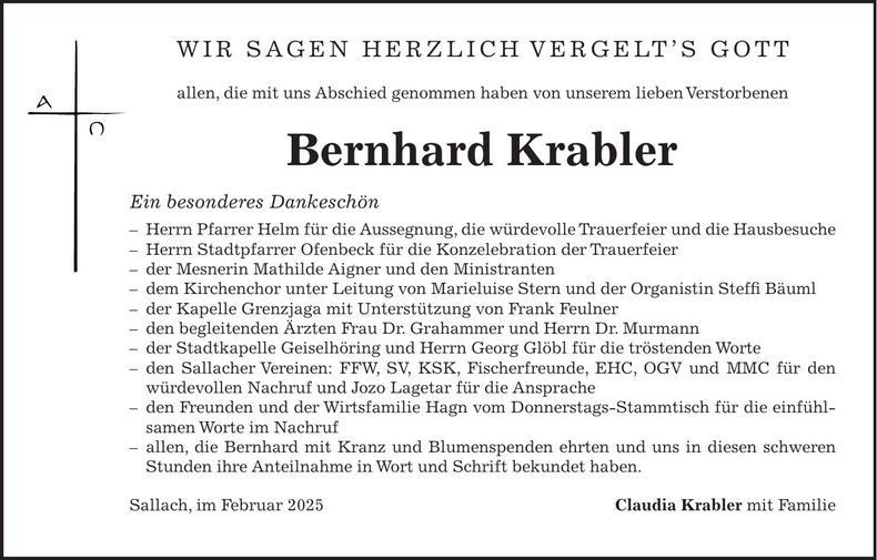 Traueranzeige Bernahrd Krabler