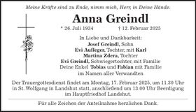 Traueranzeige Anna Greindl